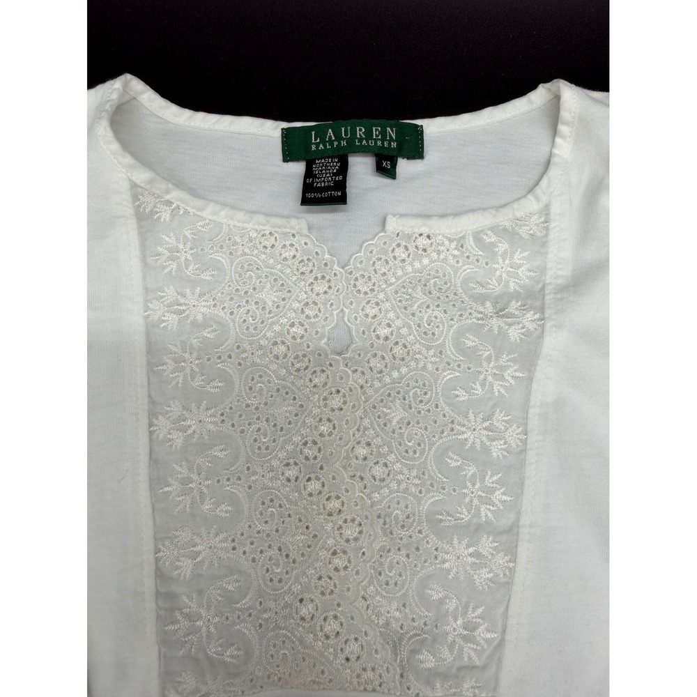 Lauren Ralph Lauren White Cotton Lace Bib Tunic Top Long Sleeve XS - Picture 3 of 10